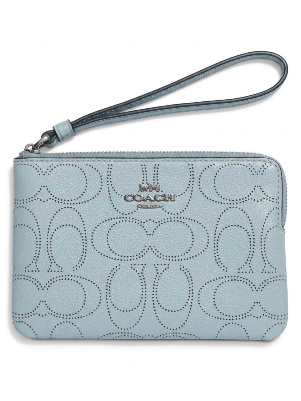 COACH Perforated Signature
Leather Corner Zip Wristlet Pastel
Blue NWOT